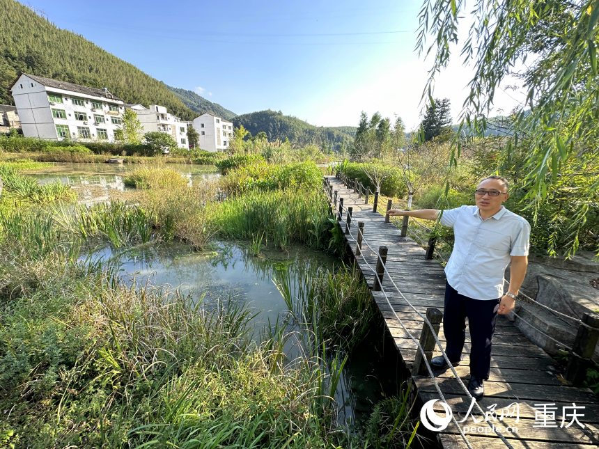 丁紅云向記者介紹竹山場(chǎng)鎮(zhèn)尾水濕地公園。人民網(wǎng)記者 劉政寧攝