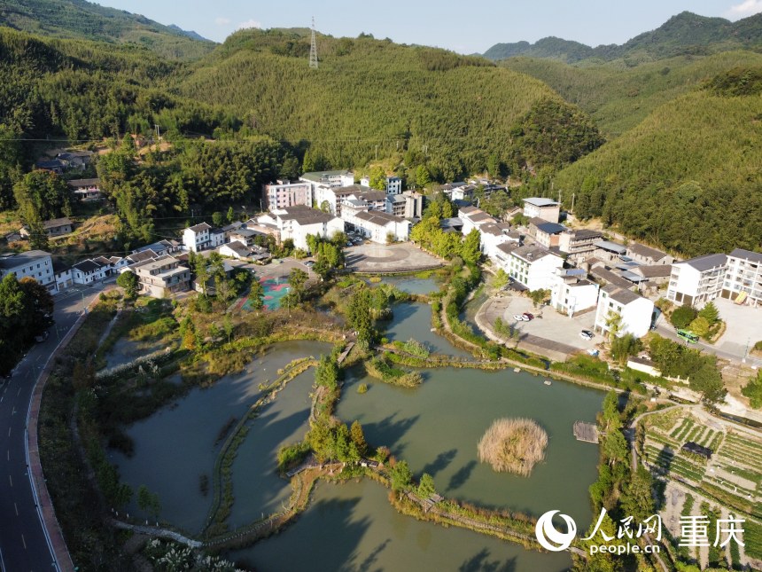 9月19日，鳥瞰竹山場(chǎng)鎮(zhèn)尾水濕地公園。人民網(wǎng)記者 劉政寧攝